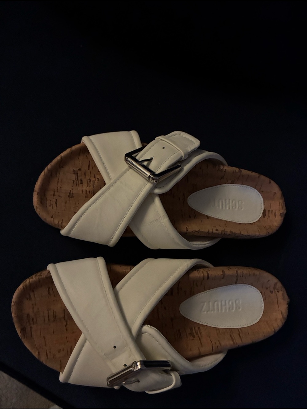 SCHUTZ White Cork Slide Sandals with Cross Straps